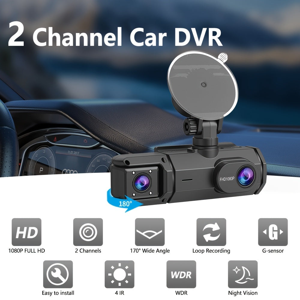 1080p Front and Cabin Dual Dash Cam - 2-Inch IPS Screen, 170 Degree Wide Angle, Loop Recording Automotive - Tophatter Daily Deals