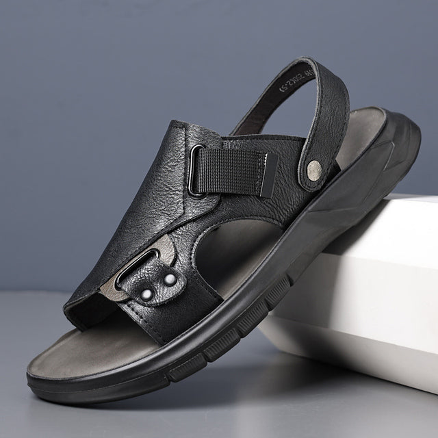 Durable Non-Slip Leather Men Sandals Black Men Sandals - Tophatter Daily Deals