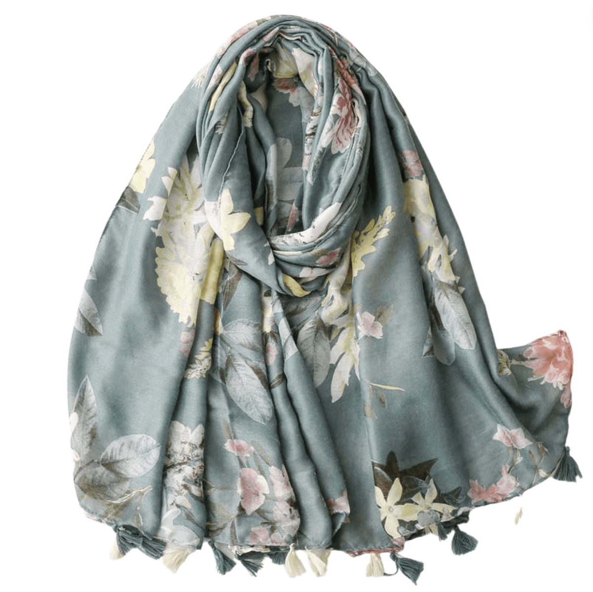 Vintage Sage Botanical Floral Scarf with Tassels Multi Scarves - Tophatter Daily Deals