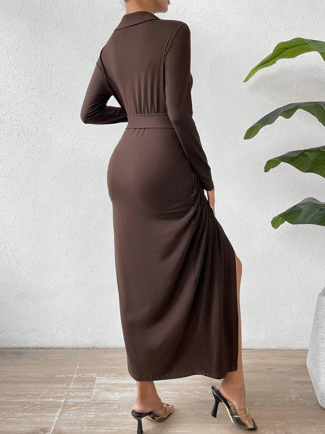 Tied Slit Long Sleeve Wrap Dress Casual Dresses - Tophatter Daily Deals