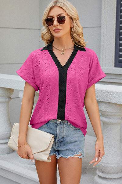 Eyelet Johnny Collar Short Sleeve T-Shirt Hot Pink Women's T-Shirts - Tophatter Daily Deals