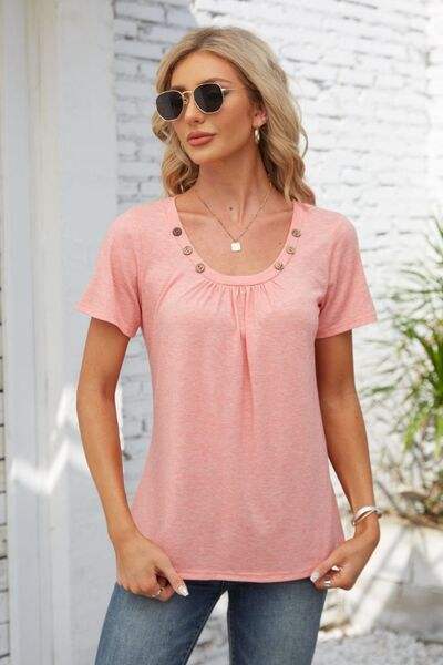 Decorative Button Scoop Neck T-Shirt Peach Women's T-Shirts - Tophatter Daily Deals