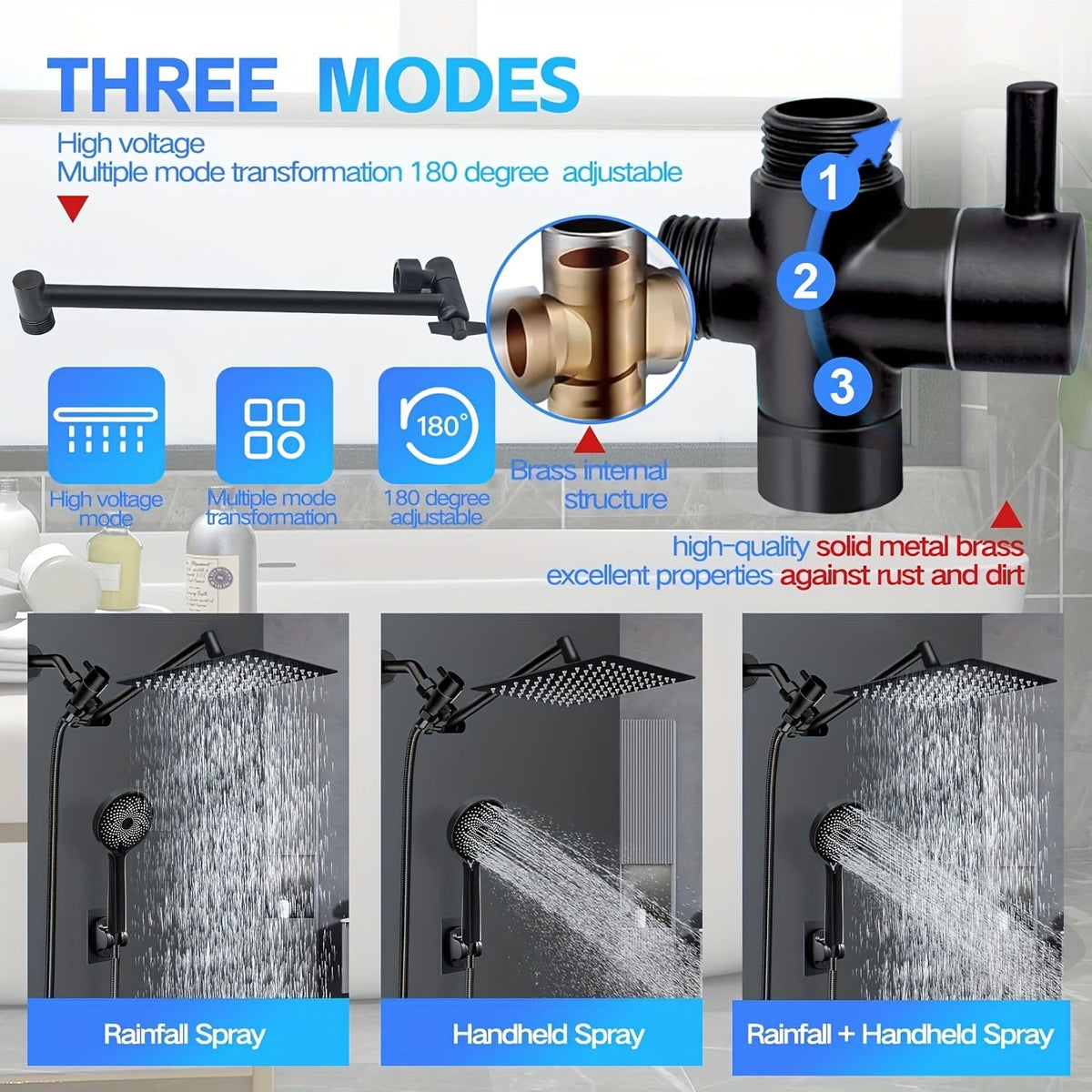8-Inch Rainfall and Handheld Shower Head Combo - High Pressure, Adjustable Arm, Black Bath - Tophatter Daily Deals