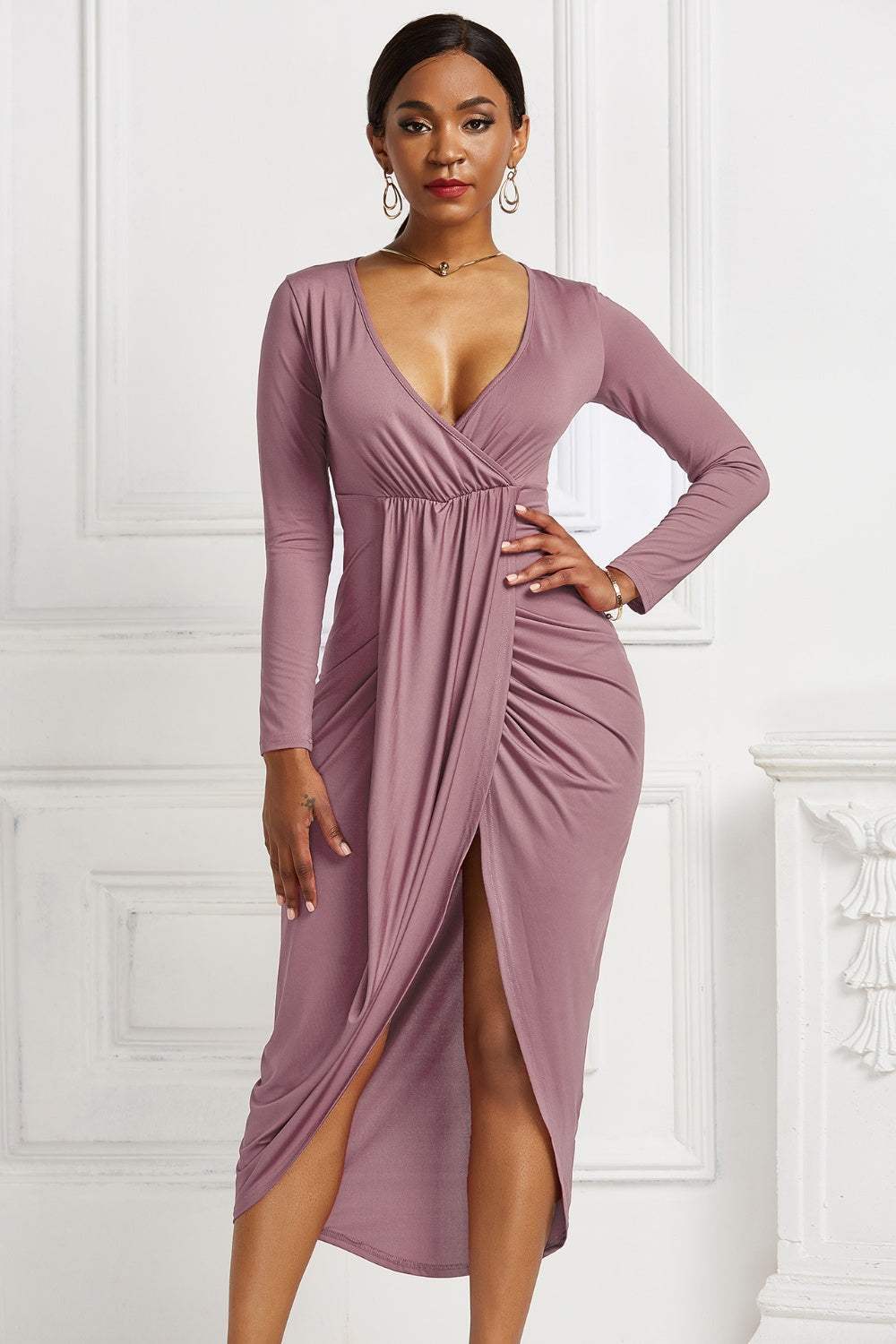 High-low Ruched Surplice Long Sleeve Dress Cocktail Dresses - Tophatter Daily Deals