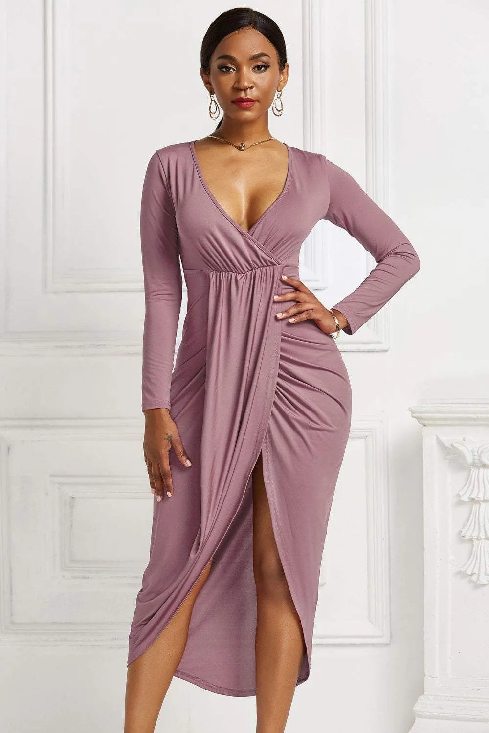 High-low Ruched Surplice Long Sleeve Dress Dusty Pink Cocktail Dresses - Tophatter Daily Deals