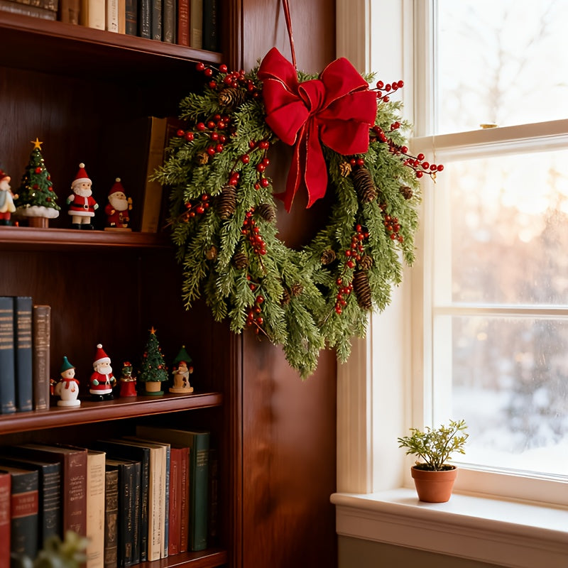Pine Needle Red Berry Wreath with Heart Bow Christmas - Tophatter Daily Deals