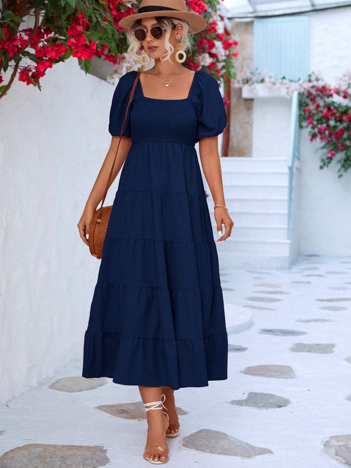 Tiered Smocked Short Sleeve Dress Navy Casual Dresses - Tophatter Daily Deals