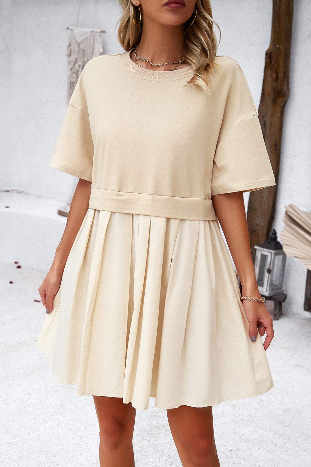 Round Neck Dropped Shoulder Mini Dress Pastel Yellow Casual Dresses - Tophatter Daily Deals