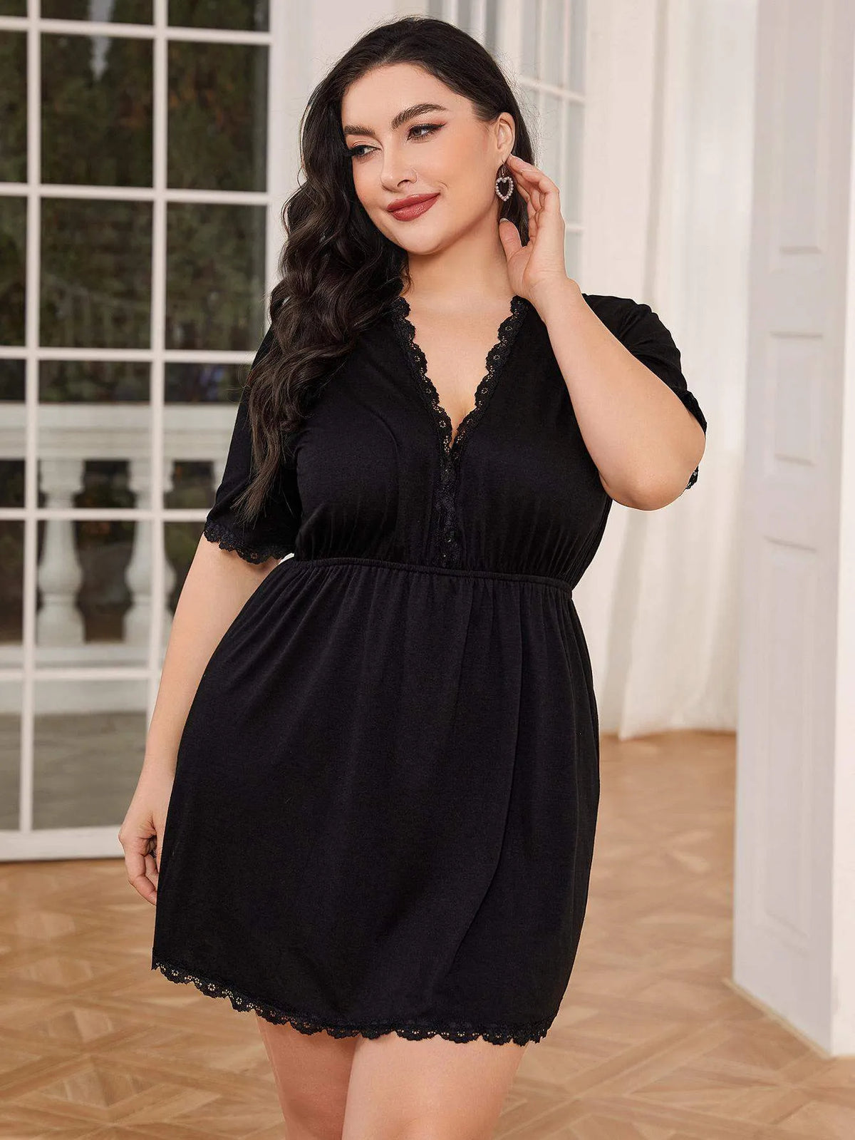 Plus Size Lace Trim Deep V Night Dress Sleep Dresses - Tophatter Daily Deals