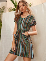 Pocketed Striped Short Sleeve Dress Casual Dresses - Tophatter Daily Deals