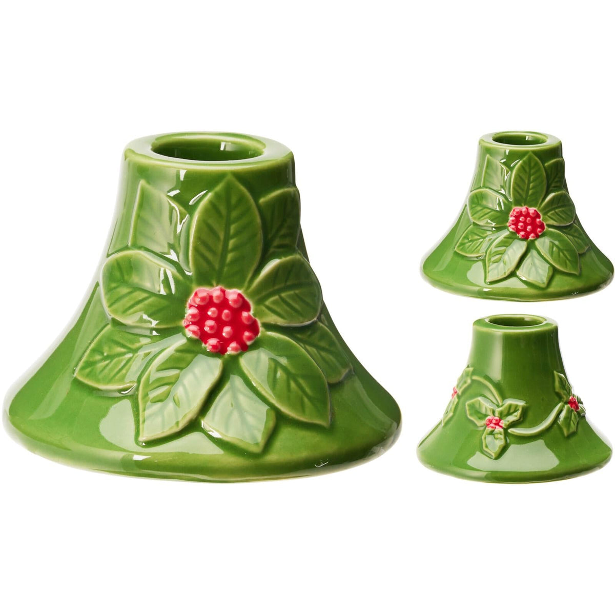 Set of 2 Green Ceramic Christmas Candlesticks | Holly and Berry Candle Holders Candle Holder - Tophatter Daily Deals