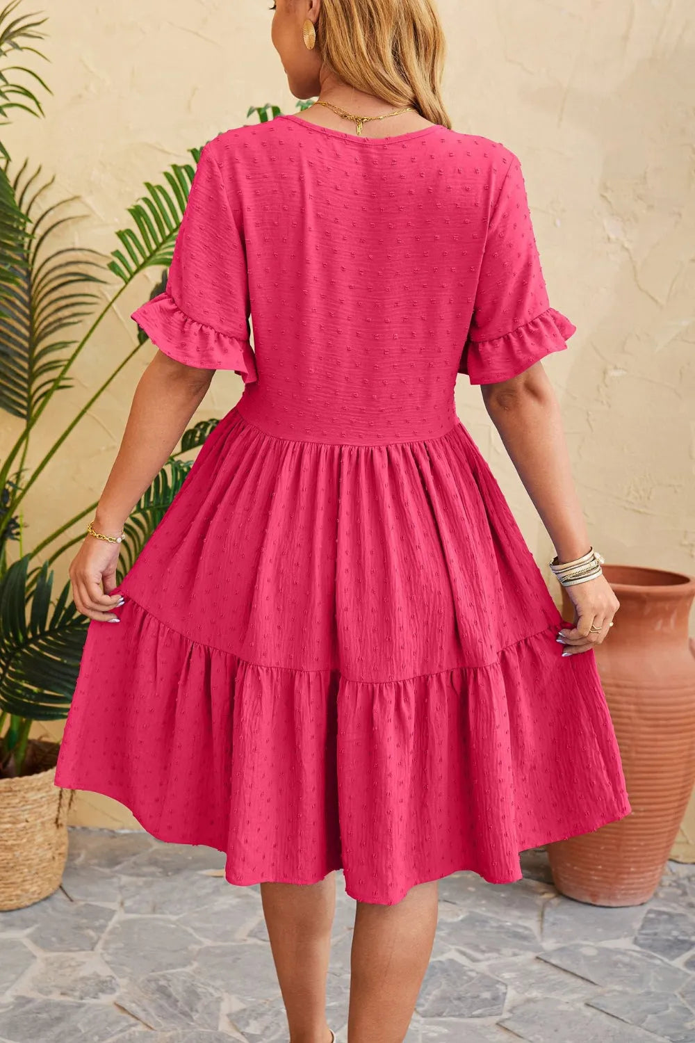 Swiss Dot Ruffled V-Neck Tiered Dress Casual Dresses - Tophatter Daily Deals