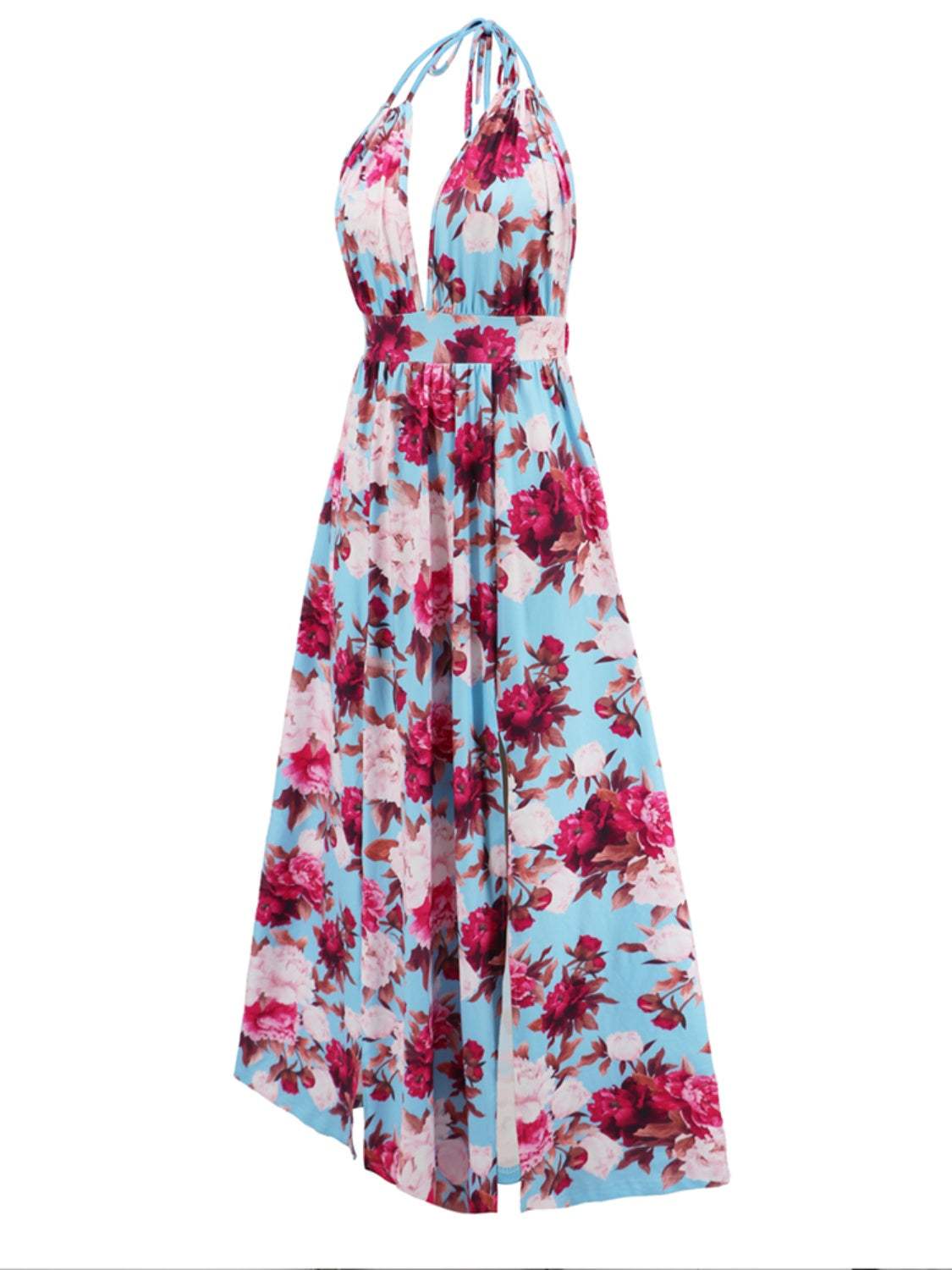 Slit Backless Printed Halter Neck Dress Casual Dresses - Tophatter Daily Deals