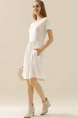 Ninexis Full Size Round Neck Ruched Dress with Pockets Cocktail Dresses - Tophatter Daily Deals
