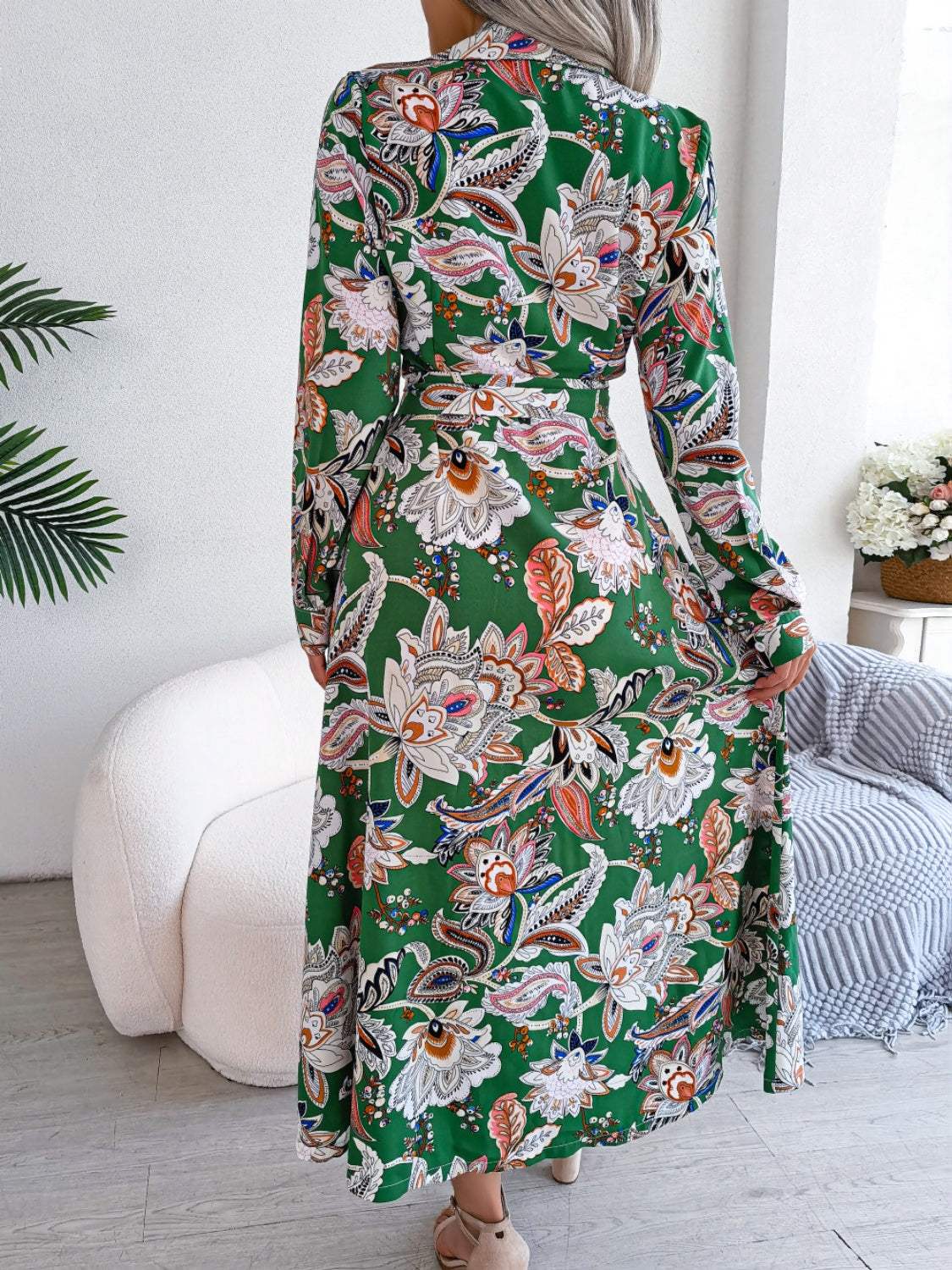 Tied Printed Long Sleeve Midi Dress Casual Dresses - Tophatter Daily Deals