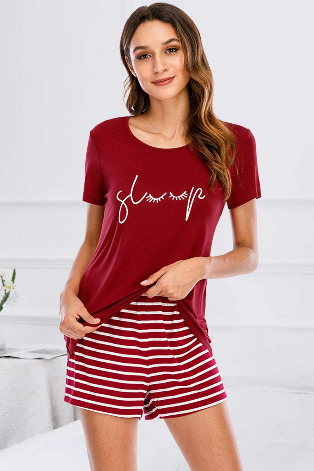 Graphic Round Neck Top and Striped Shorts Lounge Set Scarlet Loungewear Sets Apparel & Accessories Fast Shipping Free Shipping H#Y Lingerie Sleepwear Loungewear Loungewear Sets New Deals Sexy sexy lingerie Ship From Overseas Ship from USA USA USA STOCK - Tophatter Daily Deals And Savings