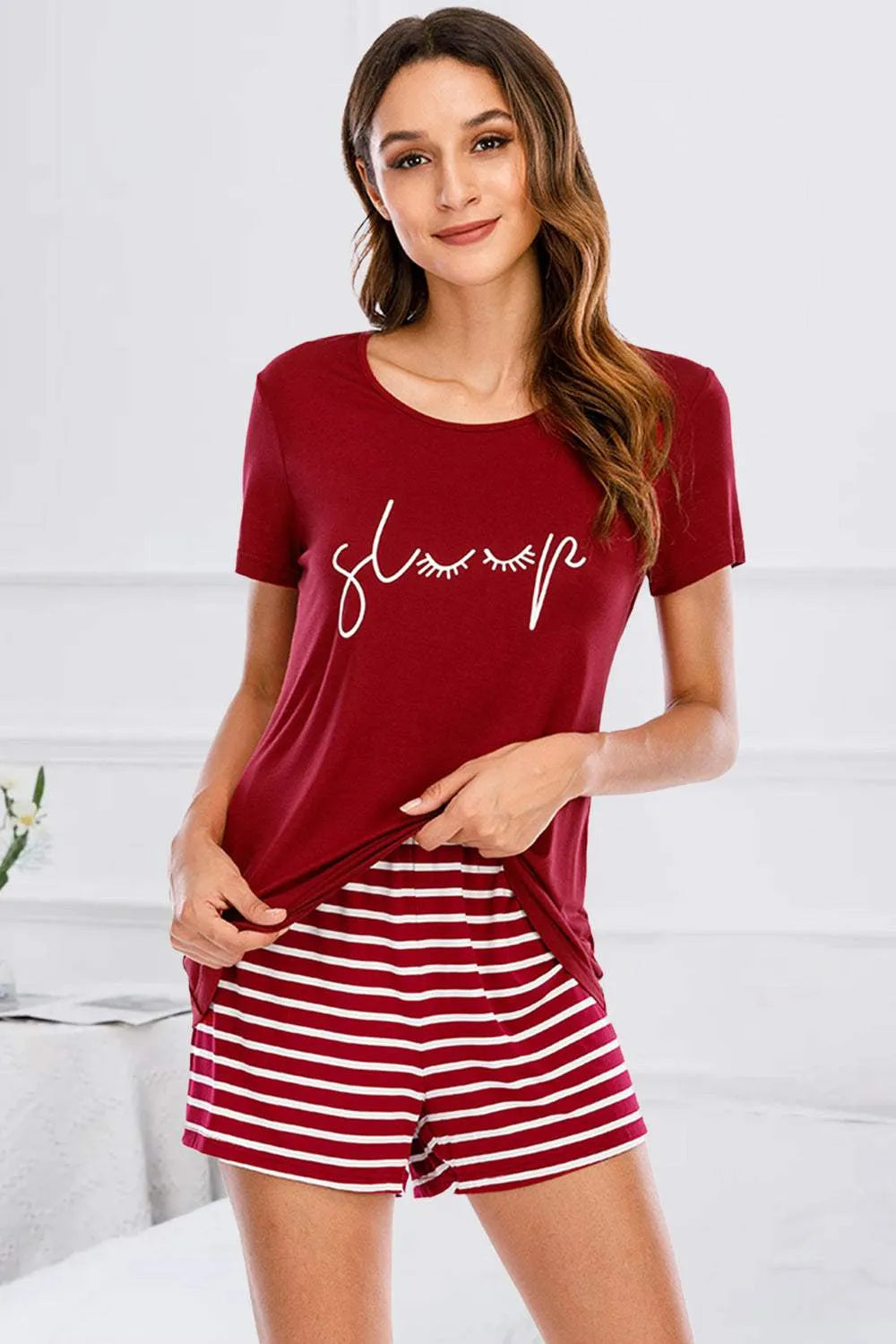 Graphic Round Neck Top and Striped Shorts Lounge Set Scarlet Loungewear Sets - Tophatter Daily Deals