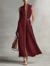 Women's Color Block Sleeveless Stand Collar Linen Blend Dress Burgundy XL Women's Dresses - Tophatter Daily Deals