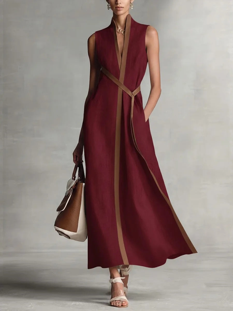 Women's Color Block Sleeveless Stand Collar Linen Blend Dress Burgundy XL Women's Dresses - Tophatter Daily Deals