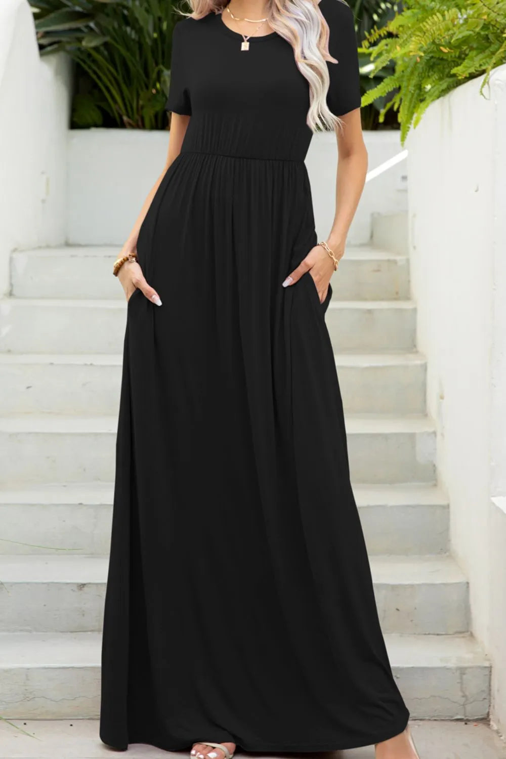 Round Neck Maxi Tee Dress with Pockets Black Casual Dresses - Tophatter Daily Deals