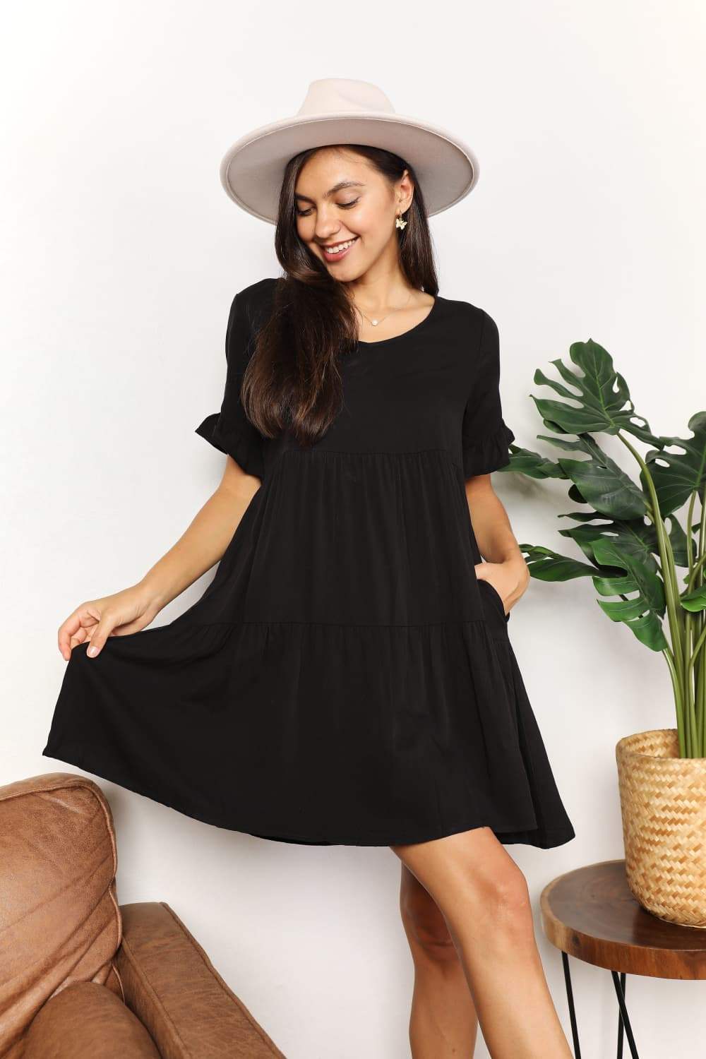 Double Take V-Neck Flounce Sleeve Tiered Dress Casual Dresses - Tophatter Daily Deals