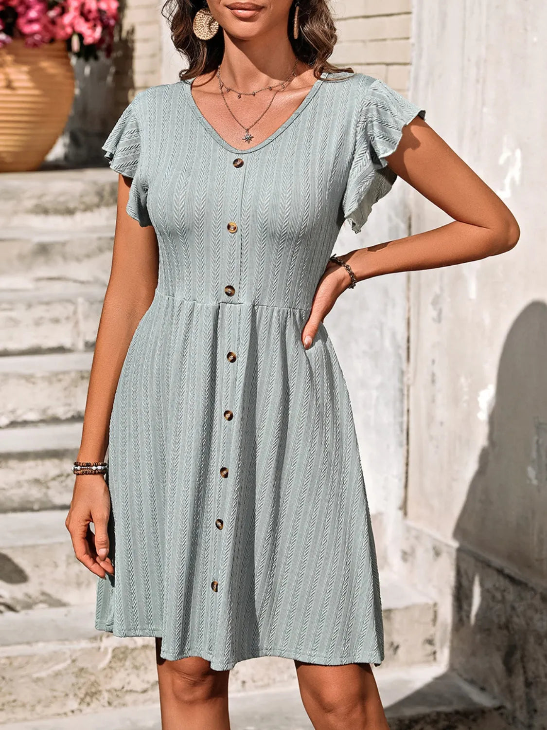 Decorative Button Ruffled V-Neck Dress Sage Casual Dresses - Tophatter Daily Deals