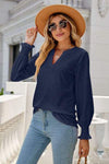 Eyelet Notched Lantern Sleeve T-Shirt Navy Women's T-Shirts - Tophatter Daily Deals