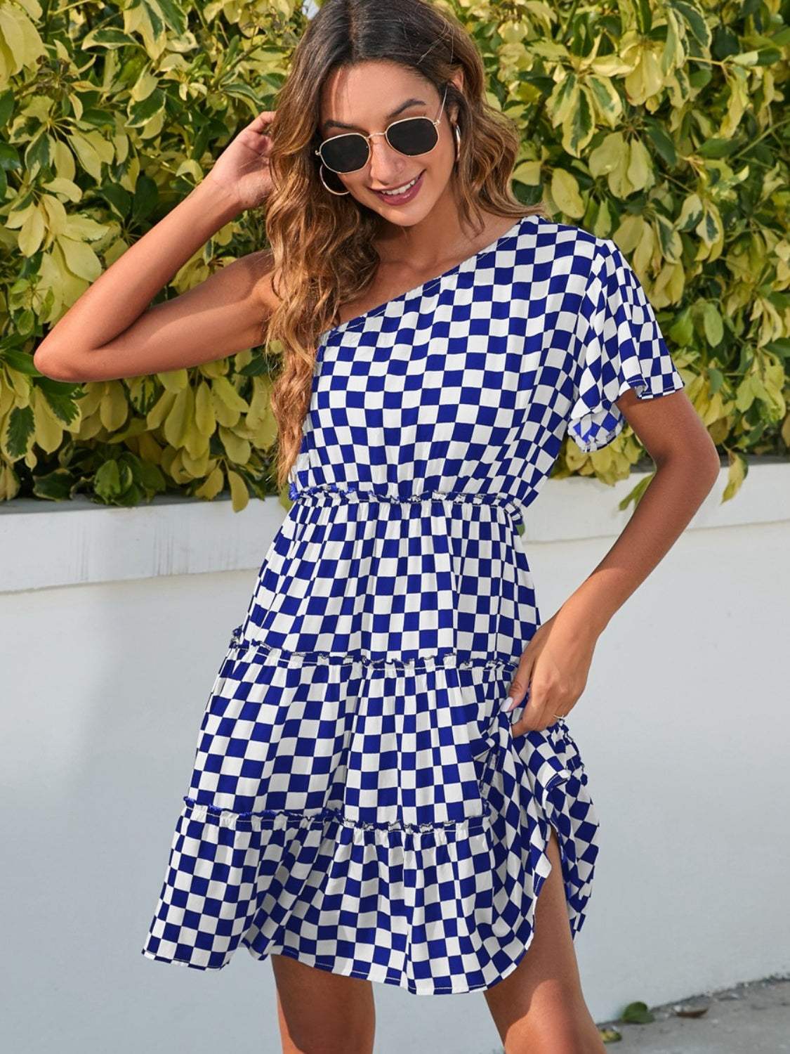 Checkered Single Shoulder Mini Dress Casual Dresses - Tophatter Daily Deals