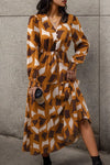 Printed Tied Pocketed Lantern Sleeve Dress Mustard Casual Dresses - Tophatter Daily Deals