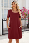 Pocketed Square Neck Short Sleeve Dress Casual Dresses - Tophatter Daily Deals