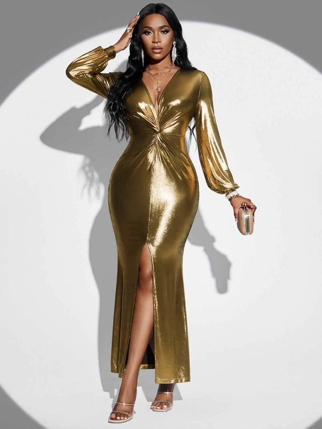 Plunge Twisted Slit Midi Dress Gold Cocktail Dresses - Tophatter Daily Deals