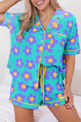 Green Flower Print Short Sleeve Shirt Pajamas Set Green 95%Polyester+5%Elastane Loungewear & Sleepwear/Sleepwear - Tophatter Daily Deals