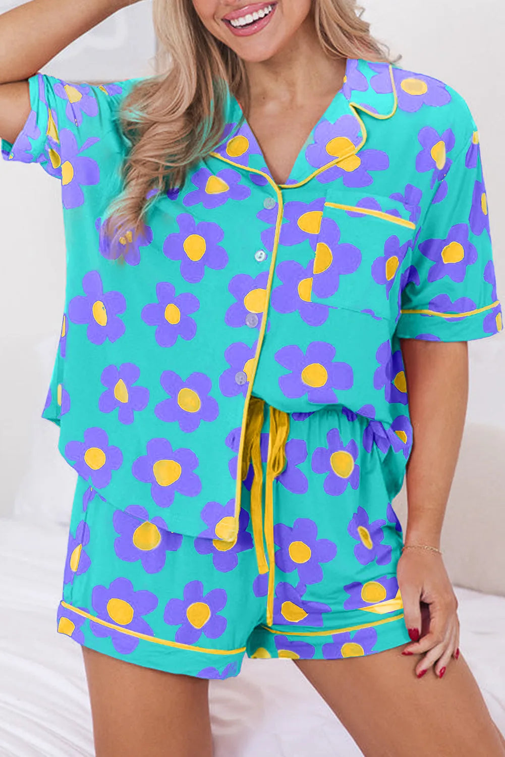 Green Flower Print Short Sleeve Shirt Pajamas Set Green 95%Polyester+5%Elastane Loungewear & Sleepwear/Sleepwear - Tophatter Daily Deals