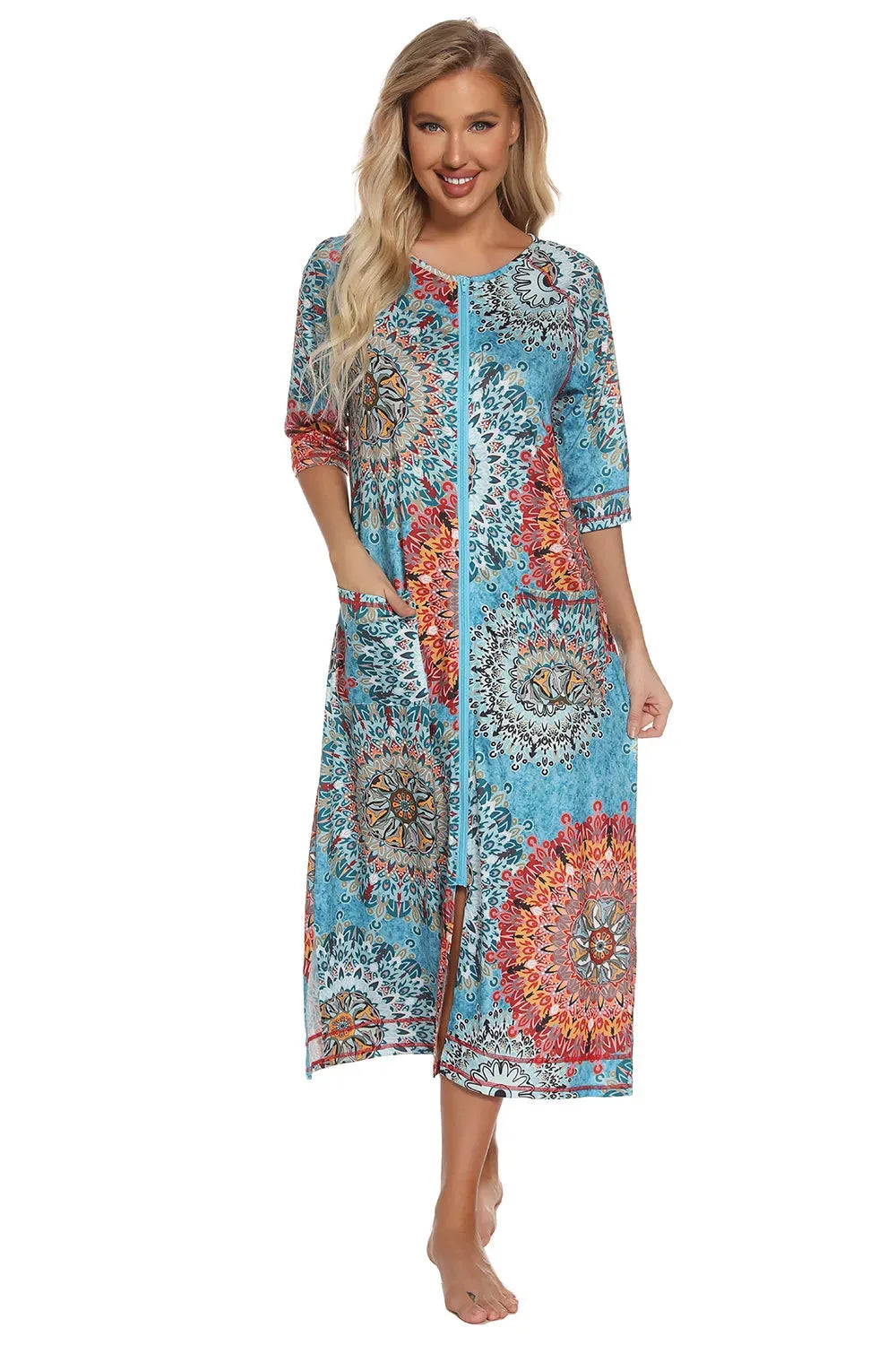 Printed Slit Night Dress with Pockets Sleep Dresses - Tophatter Daily Deals