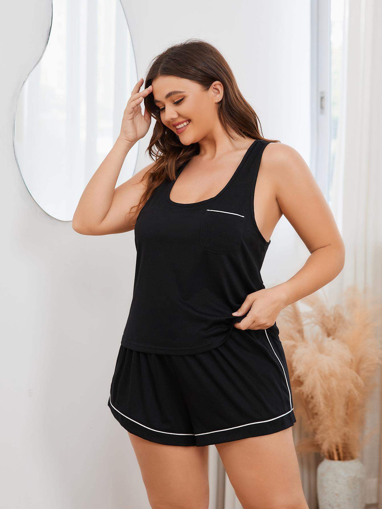 Plus Size Contrast Piping Racerback Tank and Shorts Lounge Set Loungewear Sets - Tophatter Daily Deals