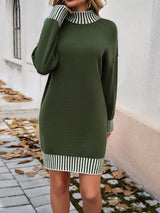 Striped Mock Neck Long Sleeve Sweater Dress Army Green Casual Dresses - Tophatter Daily Deals
