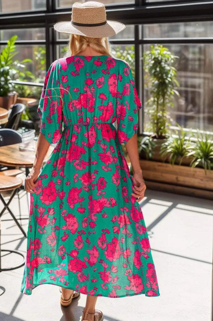 Printed V-Neck Midi Slit Dress Casual Dresses - Tophatter Daily Deals