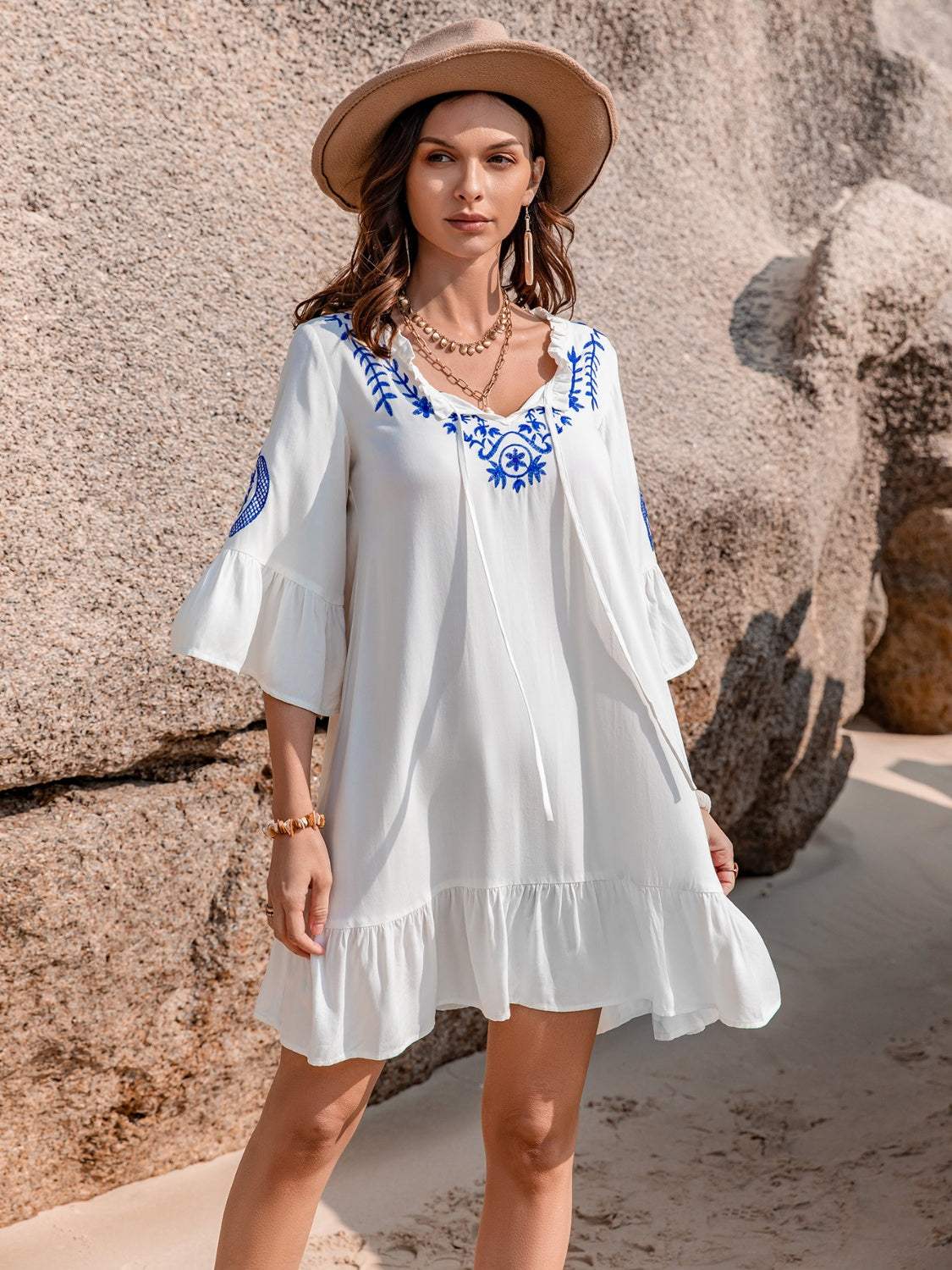 Printed Tie Neck Flounce Sleeve Mini Dress White Casual Dresses - Tophatter Daily Deals