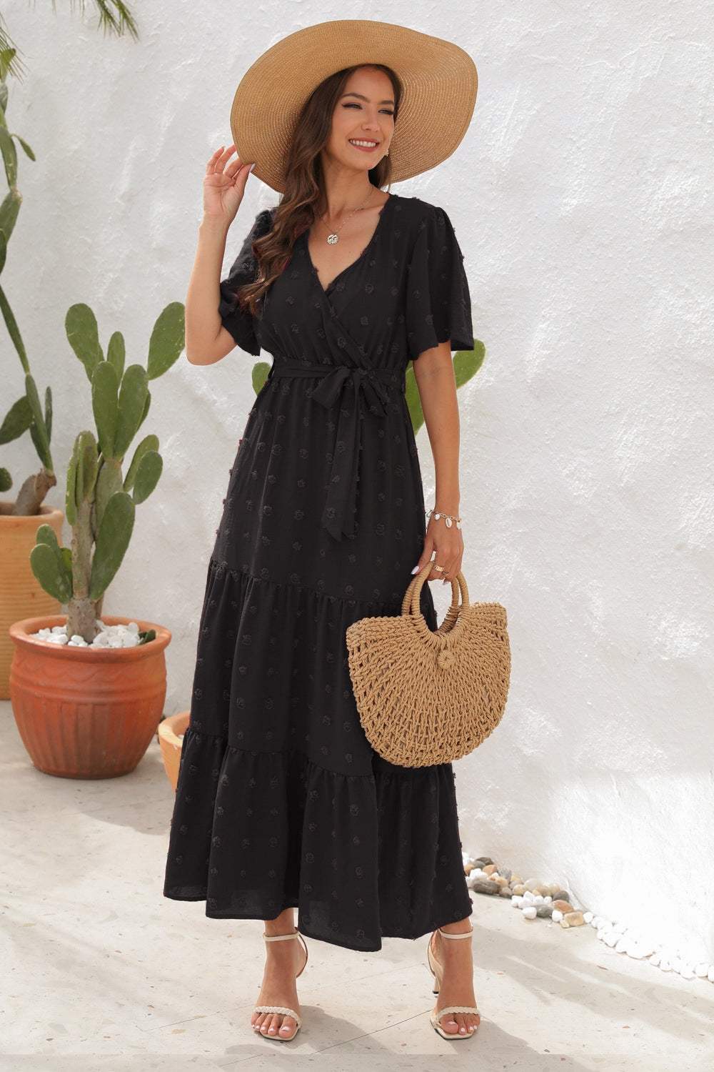 Swiss Dot Tied Surplice Short Sleeve Dress Black Casual Dresses - Tophatter Daily Deals