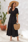 Swiss Dot Tied Surplice Short Sleeve Dress Black Casual Dresses - Tophatter Daily Deals