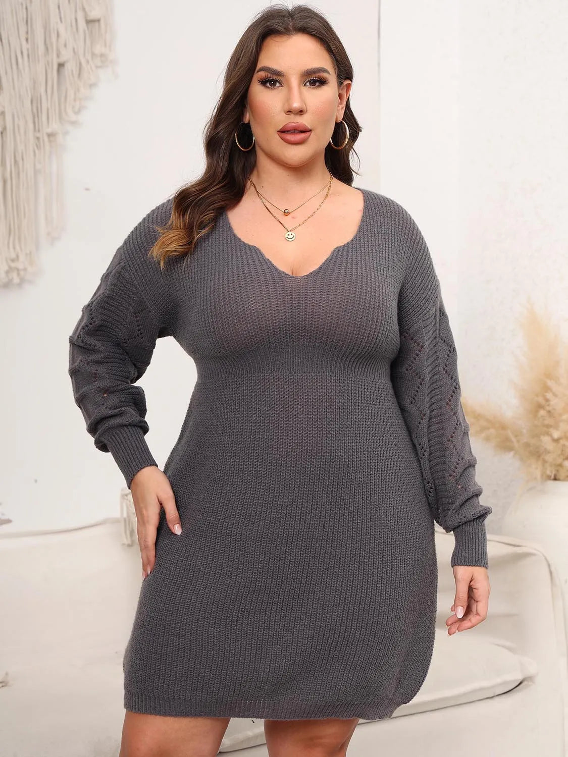 Plus Size Dropped Shoulder Long Sleeve Knit Mini Dress Casual Dresses - Tophatter Daily Deals