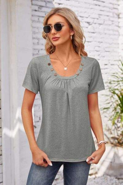 Decorative Button Scoop Neck T-Shirt Heather Gray Women's T-Shirts - Tophatter Daily Deals