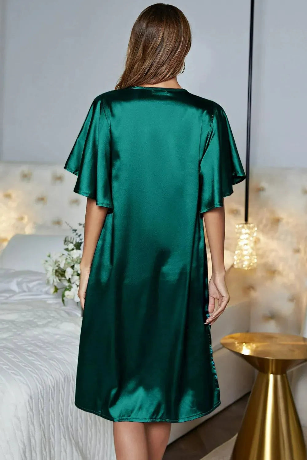Satin Flutter Sleeve Side Slit V-Neck Night Dress Sleep Dresses - Tophatter Daily Deals
