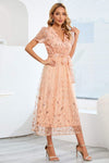 Sequin Leaf Embroidery Tie Front Short Sleeve Dress Cocktail Dresses - Tophatter Daily Deals