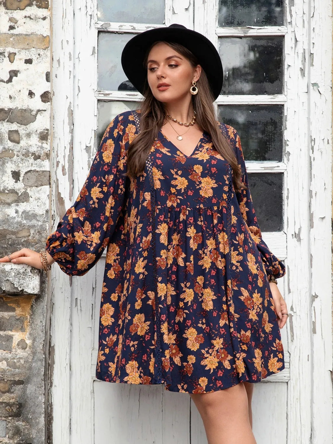 Plus Size Floral V-Neck Balloon Sleeve Dress Casual Dresses - Tophatter Daily Deals