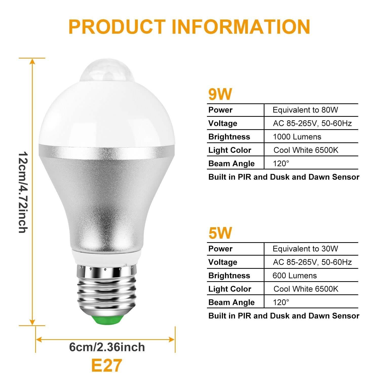 E27 Motion Sensor Light Bulb 1000LM 6500K Dust to Dawn Automatic Outdoor Lighting - Tophatter Daily Deals