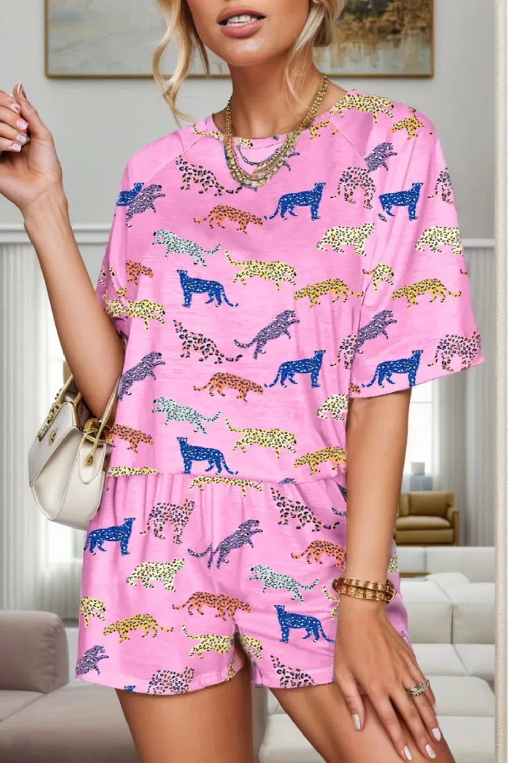 Animal Round Neck Top and Shorts Lounge Set Carnation Pink Loungewear Sets - Tophatter Daily Deals