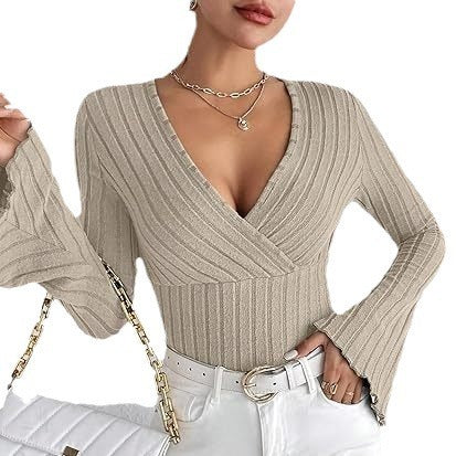Stretchy Women’s Long Sleeve Top - V Neck, Ribbed Knit 3D Changing Face Moving Picture Frame - Tophatter Daily Deals