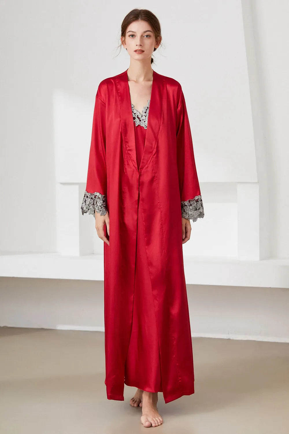 Contrast Lace Trim Satin Night Dress and Robe Set Red Loungewear Sets - Tophatter Daily Deals