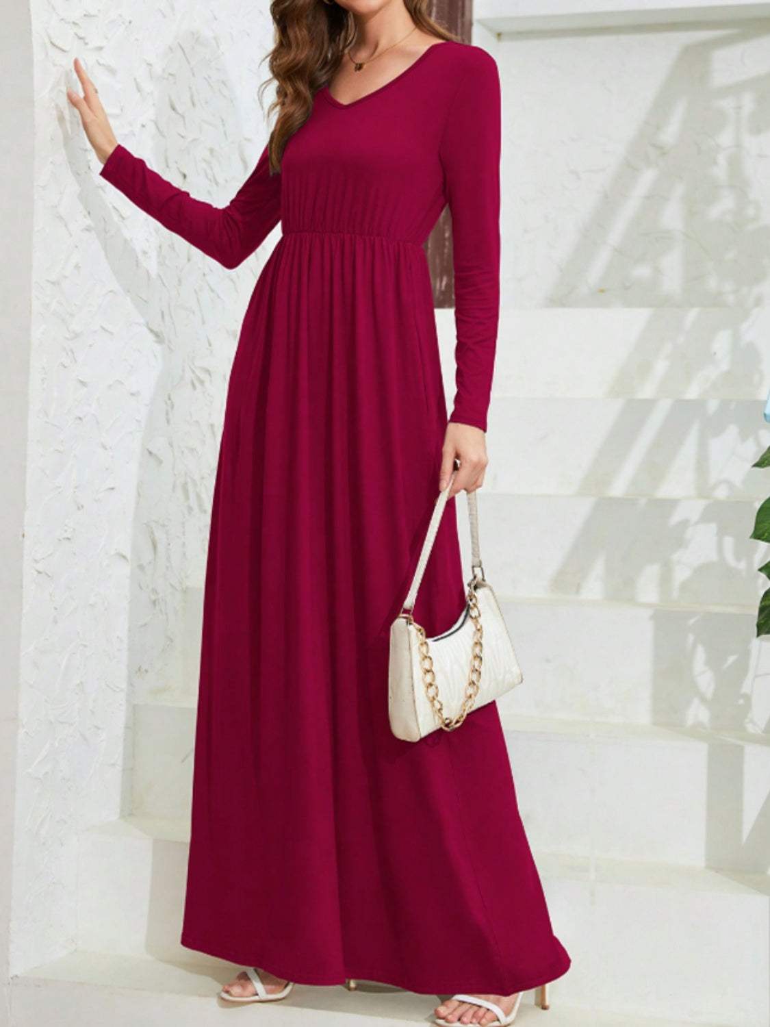 Pocketed V-Neck Long Sleeve Maxi Dress Casual Dresses - Tophatter Daily Deals